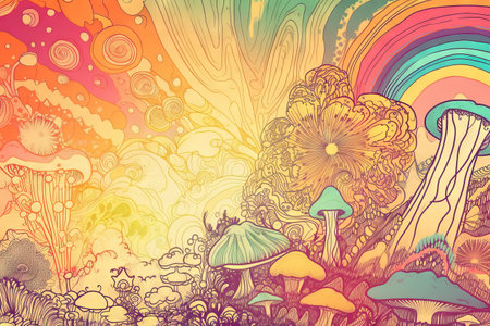 abstract background with magic mushrooms and rainbow, hand-drawn illustrationの素材