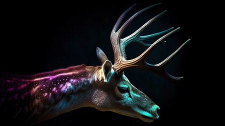 Fantasy deer with big antlers on black background. 3d renderingの素材