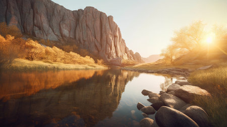 Autumn landscape with river and mountains in the background. 3d renderingの素材