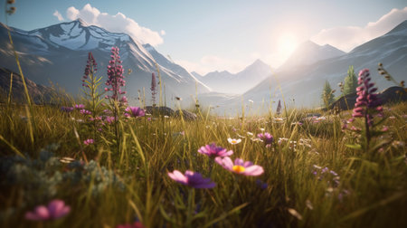 Beautiful alpine meadow with flowers and mountains in the backgroundの素材