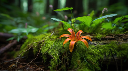 Beautiful orange lily flower growing on moss in the forest.の素材