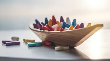 Colorful pastel crayons in a wooden bowl on the tableの素材