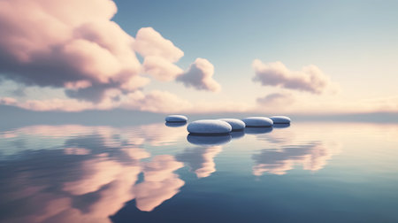 Zen stones on the water with sky and clouds. 3d illustrationの素材