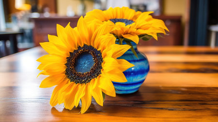 Sunflowers in vase on the wooden table, stock photoの素材