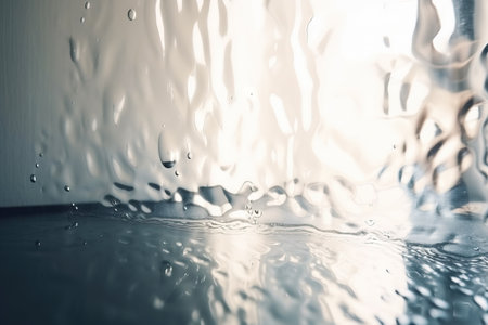 Water drops on a glass with a reflection of the sun and clouds.の素材
