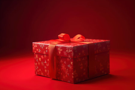 Red gift box with red ribbon on red background. Holiday concept.の素材