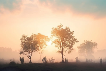 Sunrise in the morning with fog and trees in the foreground.の素材