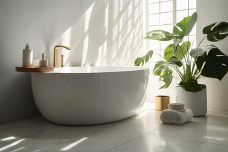 Bathroom interior with white bathtub and plants. 3d renderの素材