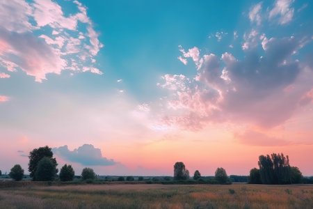 Landscape with dramatic light - beautiful golden sunset with saturated sky and clouds, peaceful nature backgroundの素材