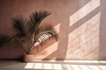 Palm tree in vase on floor near wall with sunlight. Interior designの素材
