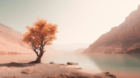 Lonely tree on the edge of a lake in the mountainsの素材