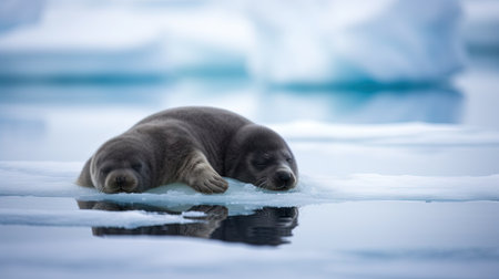 Baby seal on the ice floe in Antarctic waters, Antarctica.の素材