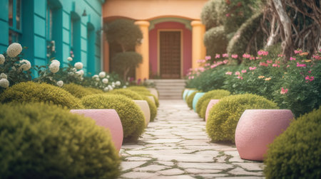 Colorful flower pots in the garden, vintage color tone style.の素材