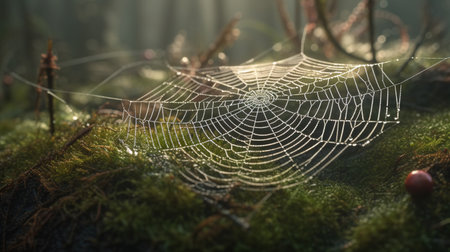 Spider web with dew drops in the forest. Nature background.の素材