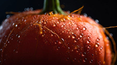 Fresh orange pumpkin with water drops on black background. Close-up.の素材