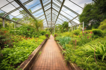 Beautiful green garden with pathway in the botanical garden, stock photoの素材