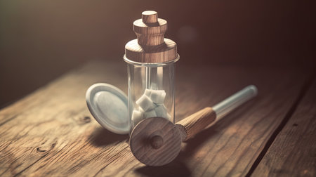 Essential oil in a glass bottle with a wooden spoon on a wooden tableの素材