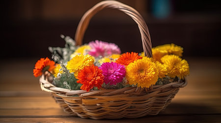a basket filled with colorful flowers on top of a wooden table. . generative aiの素材