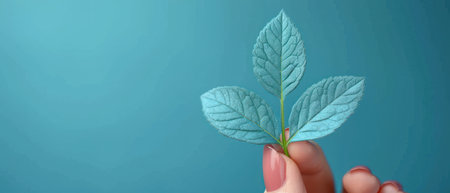 Female hand holds a green leaf on a blue background. The concept of ecology, environment, nature.の素材