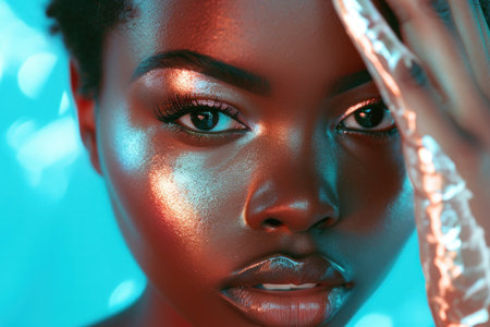 Close up portrait of beautiful african american woman with glowing skin.の素材