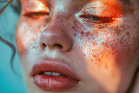 Close-up portrait of a beautiful girl with smeared makeup.の素材