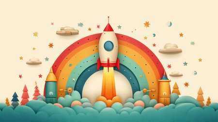 Rocket in the sky with rainbow. Paper art style. Vector illustration.の素材