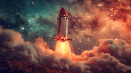 Rocket taking off into space. Mixed media. Mixed media. Mixed mediaの素材