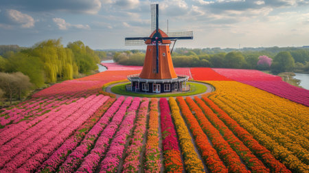 Tulip fields in the Netherlands with windmill in the backgroundの素材