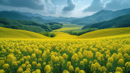 Beautiful spring landscape with yellow colza field and blue sky.の素材