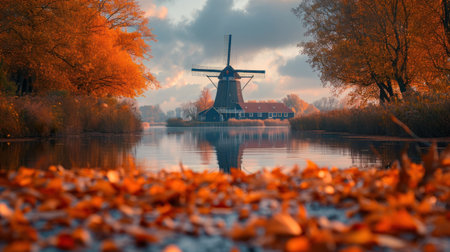 Windmill in Kinderdijk, Netherlands. Beautiful autumn landscape.の素材