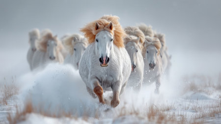 White horses run gallop in winter snow with long mane.の素材