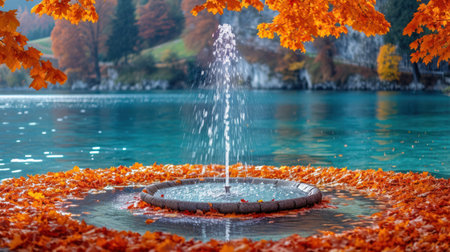 Fountain in the park with fallen leaves in autumn. Autumn landscapeの素材