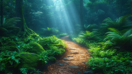 Pathway in the rainforest with sunlight and ferns.の素材