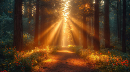 Sunset in the forest with sun rays coming through tree trunksの素材