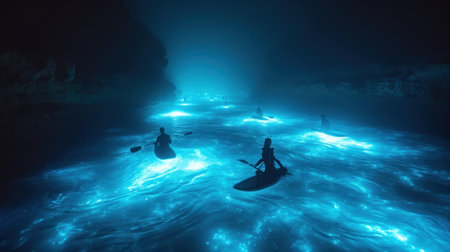 Silhouettes of people kayaking in the sea. 3d renderingの素材
