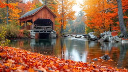 Covered Bridge in the autumn forest with fallen leaves and river.の素材