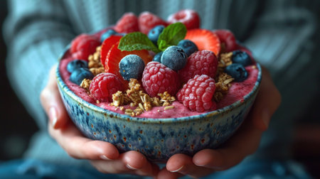 Healthy breakfast bowl with granola, fresh berries and yogurt in woman's handsの素材
