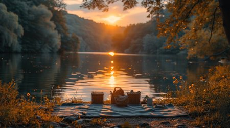 Beautiful sunset on the lake in autumn. Picnic in nature.の素材