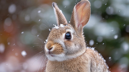 Close-up of a wild rabbit in the snow in winter.の素材