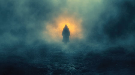 Mysterious silhouette of a witch standing in the middle of a foggy forestの素材