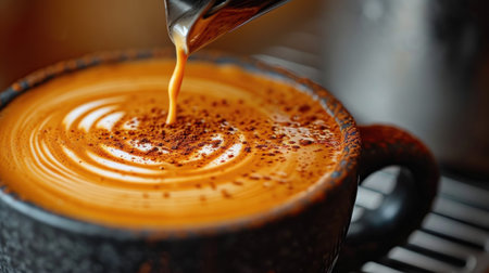 Closeup of a cup of coffee with latte art on the tableの素材