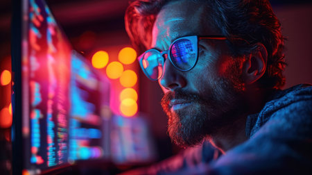 Portrait of a young man playing computer games at night club.の素材