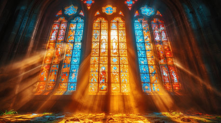 Stained glass window in the Church of St. Mary of the Assumption, Prague, Czech Republic.の素材