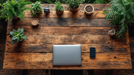 Top view of modern workplace with laptop, coffee cup, mobile phone and plants on wooden tableの素材