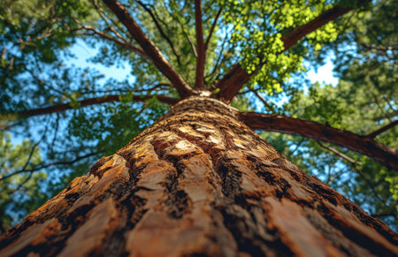 Pine tree in the forest, close-up view from belowの素材