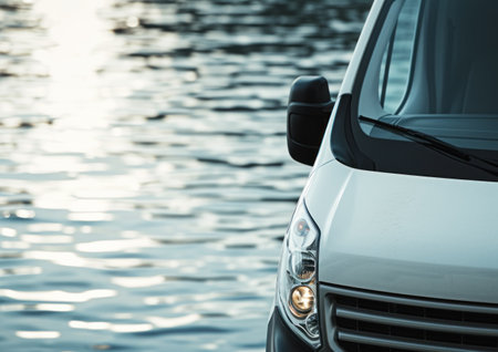 Closeup of a white car parked on the side of a lakeの素材