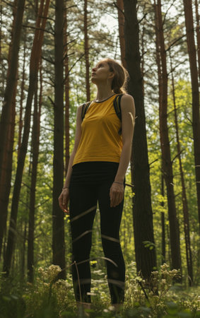 Young woman in yellow t-shirt and black leggings standing in the forest.の素材