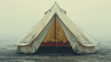 Tent on the beach in a foggy day, retro tonedの素材