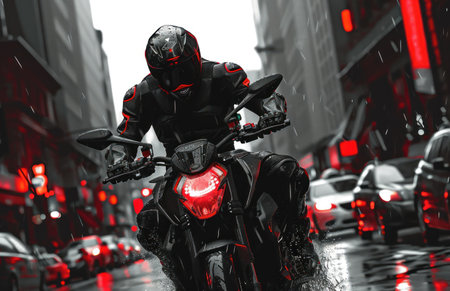 Cyborg riding a motorcycle in the rain. 3d rendering.の素材
