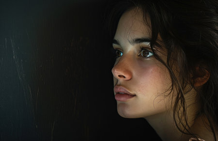 Portrait of a beautiful young brunette woman on a dark backgroundの素材